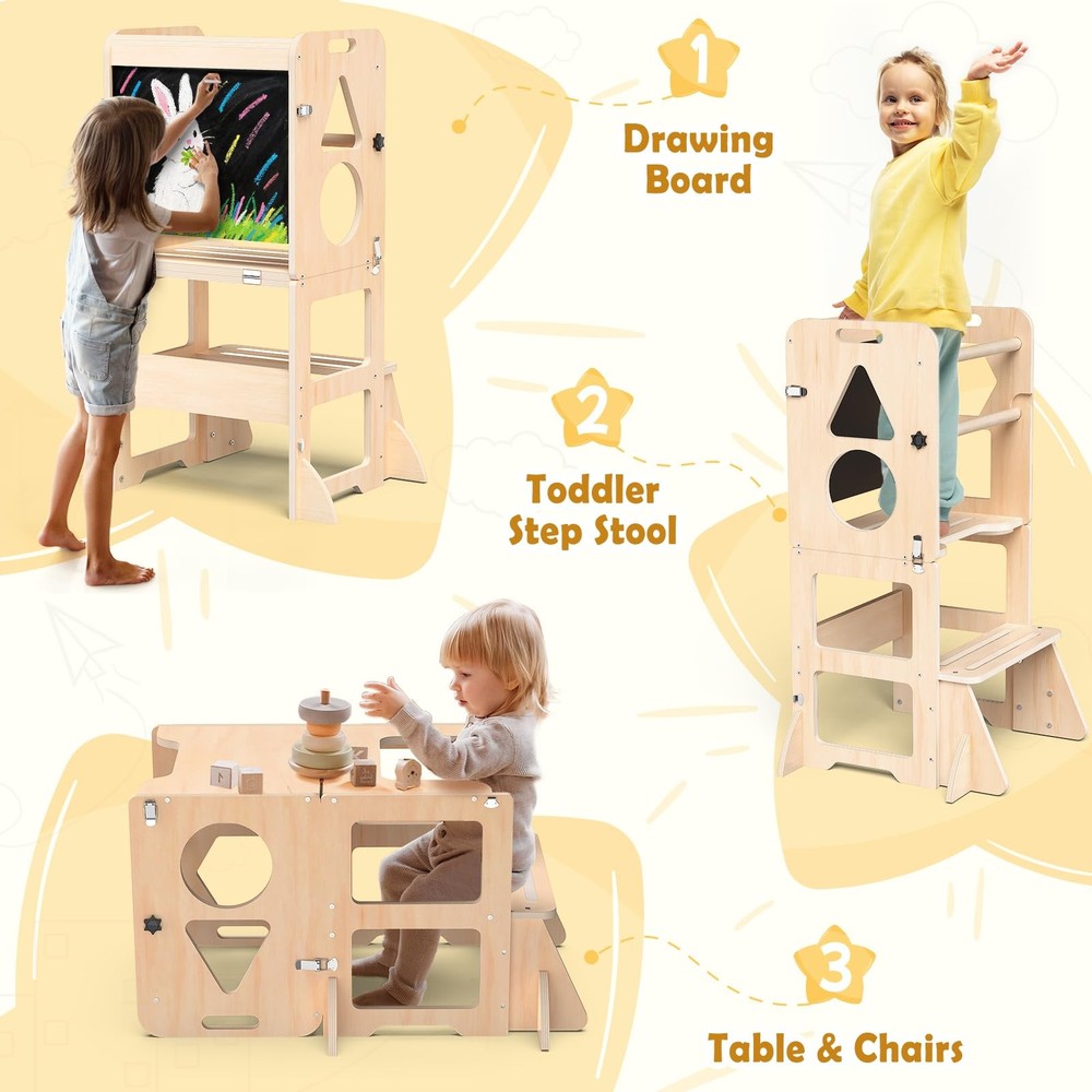 Woodure 4-in-1 Toddler Kitchen Step Stool, Foldable Learning Tower