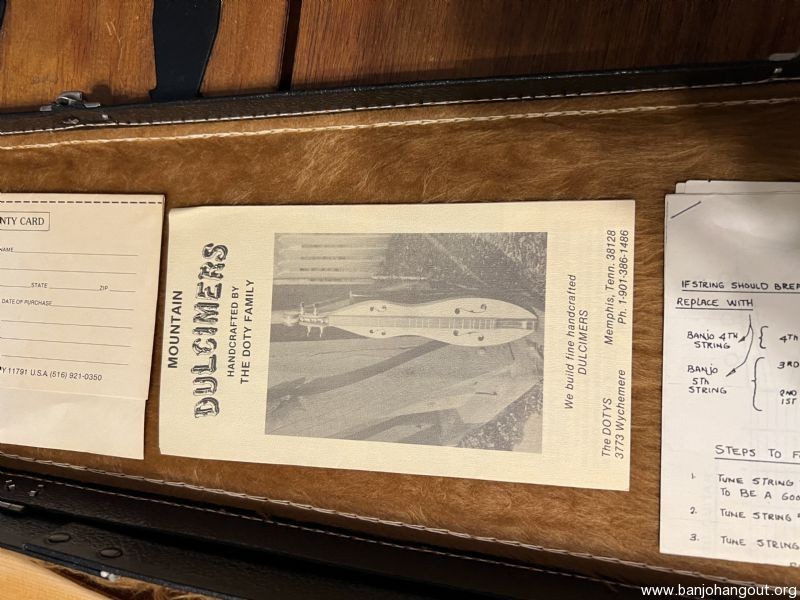 Daniel Doty mountain dulcimer with case and Doty papers