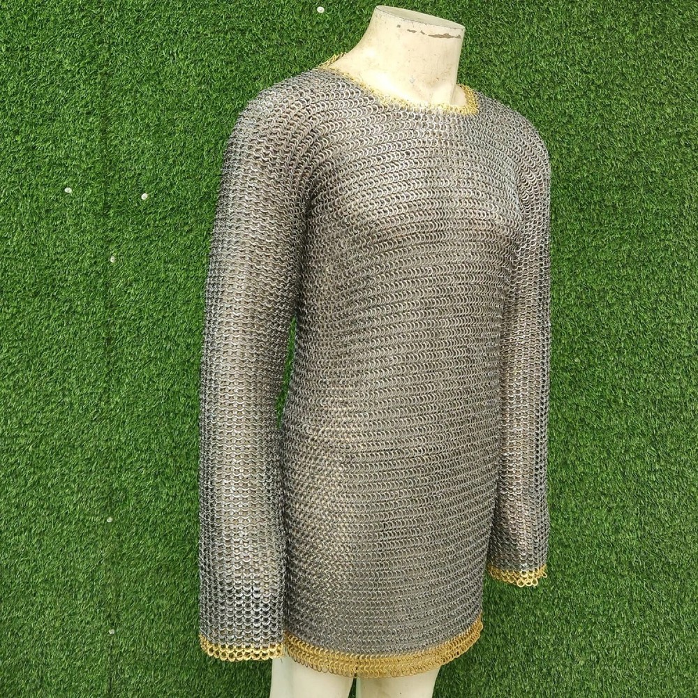 Medieval Chainmail Shirt 9mm Flat Riveted | Brass Washer Rows | Black (M)