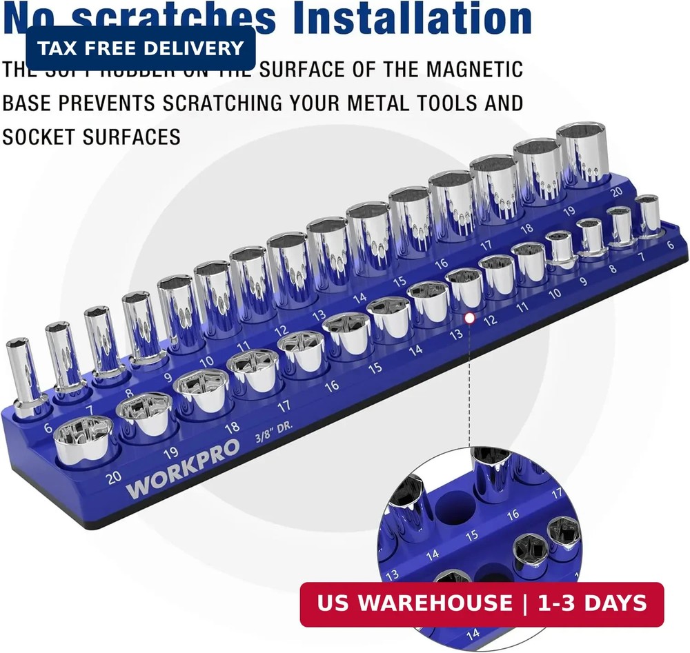 WORKPRO Magnetic Socket Organizer, 3/8-Inch Metric Socket Holder, Socket Trays H