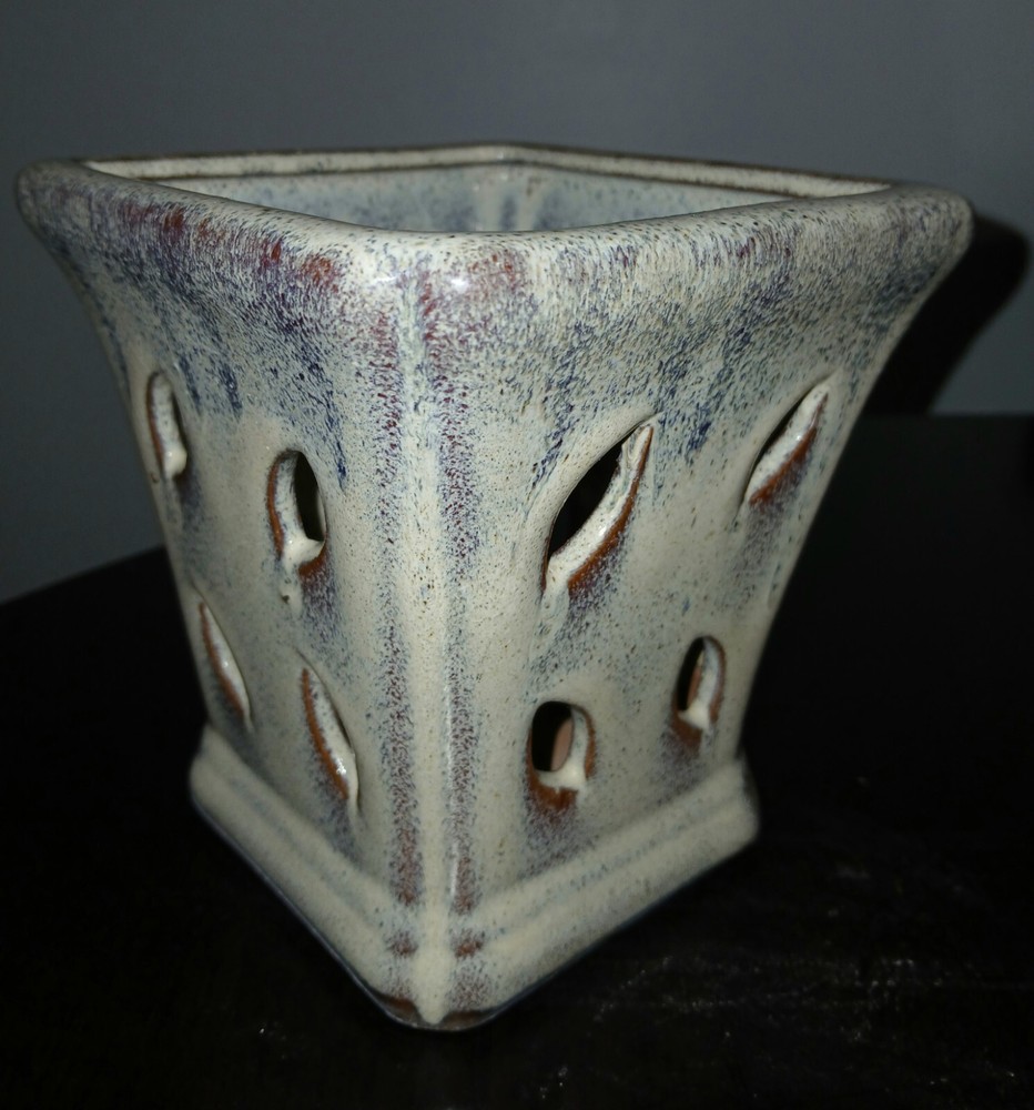 Ceramic Orchid Pot Square Brown Green glazed 5.5"  Planter
