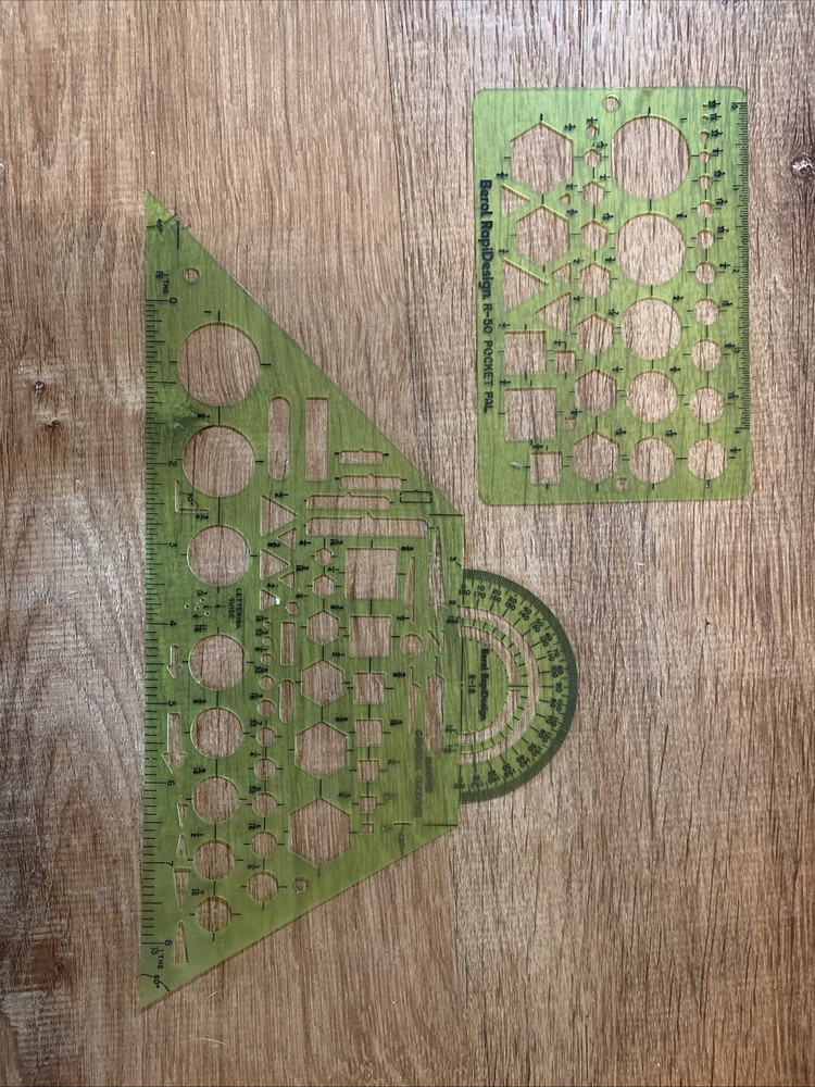 Vintage Drafting Tools - Templates, Compasses, Triangle Scale Ruler