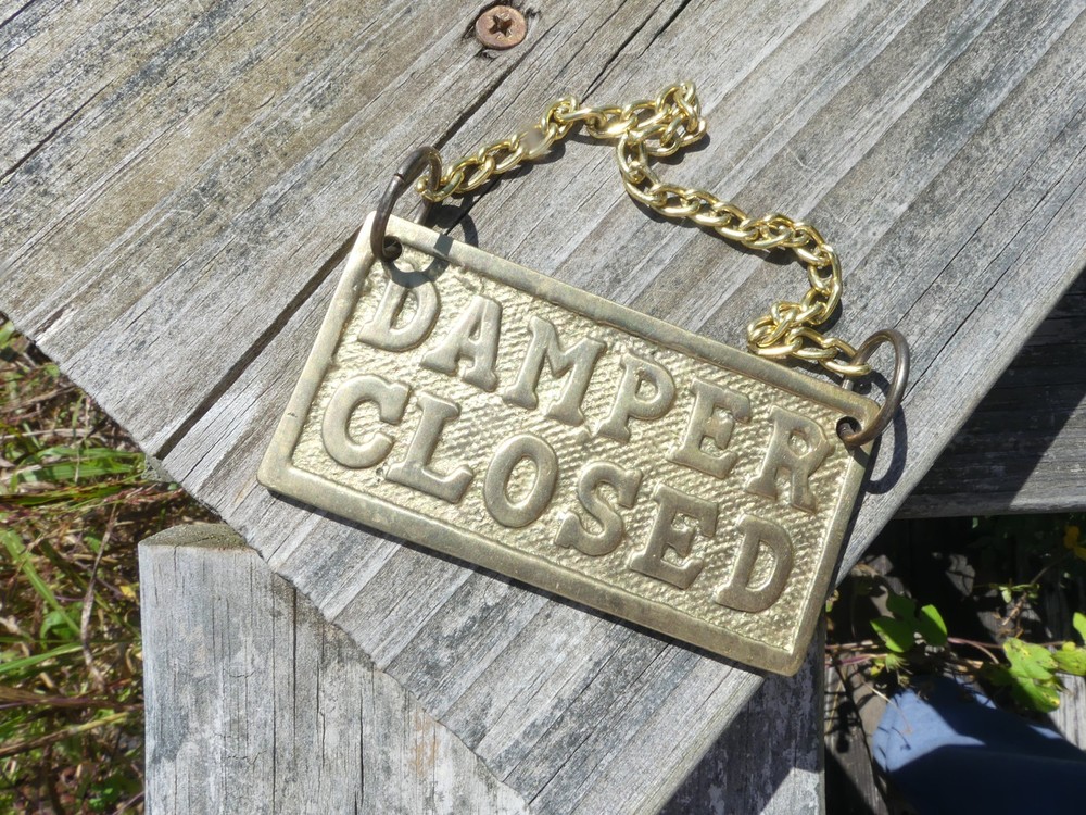 Vintage Solid Brass Fireplace Damper Sign – “Damper Closed” w Hanging Chain