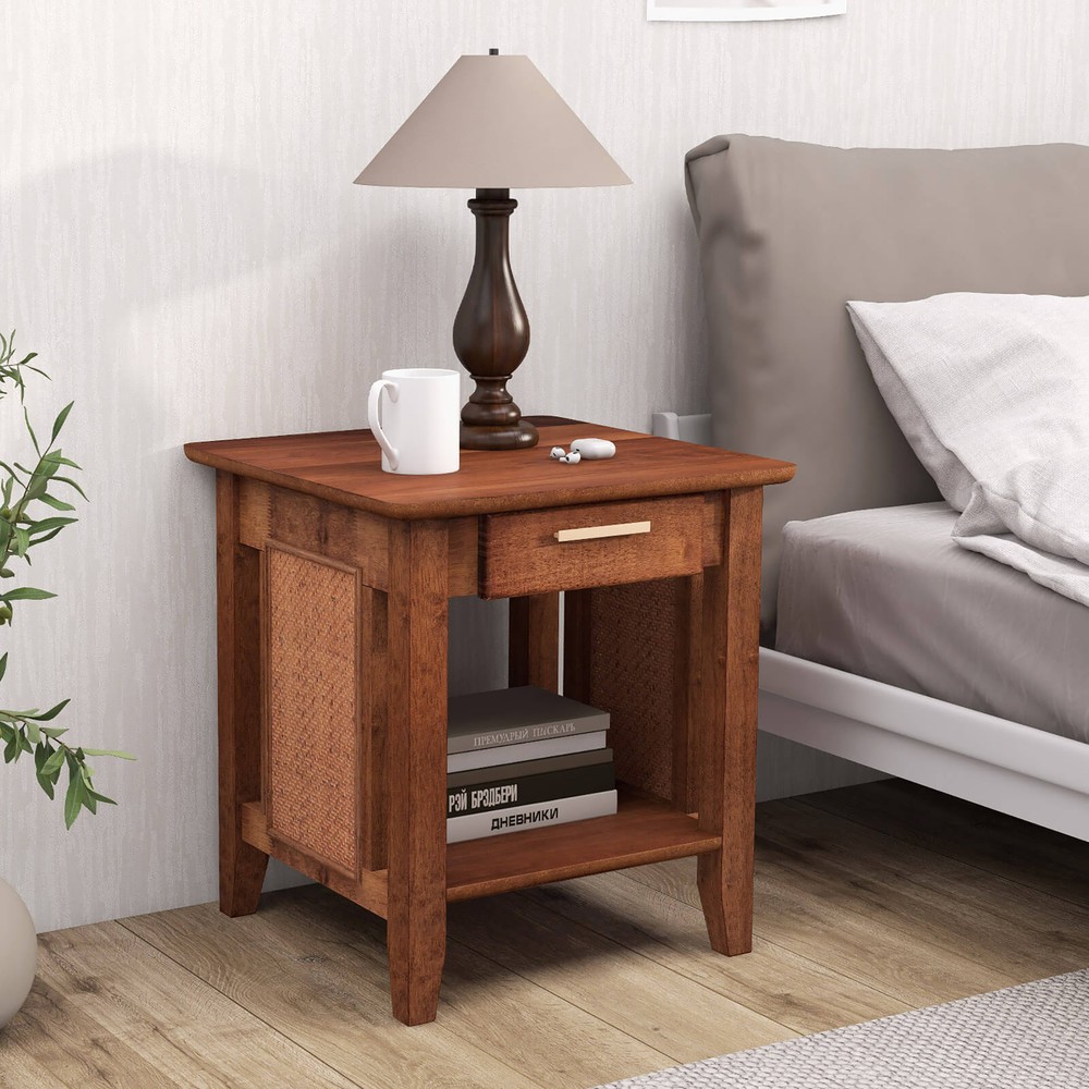 Boho Style Nightstand 3-Tier Sofa Side End Table w/ Drawer & Shelf Walnut