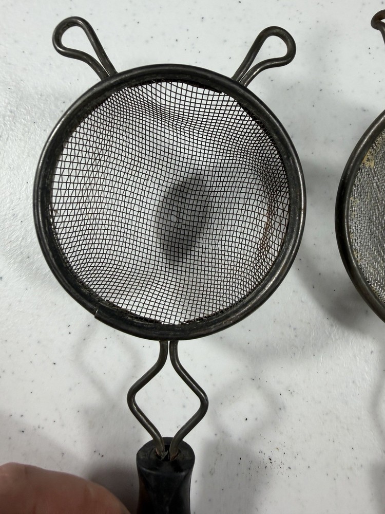 Vintage Pair Mini Tea Strainers Bakelite & Celluloid Handles Wire Mesh