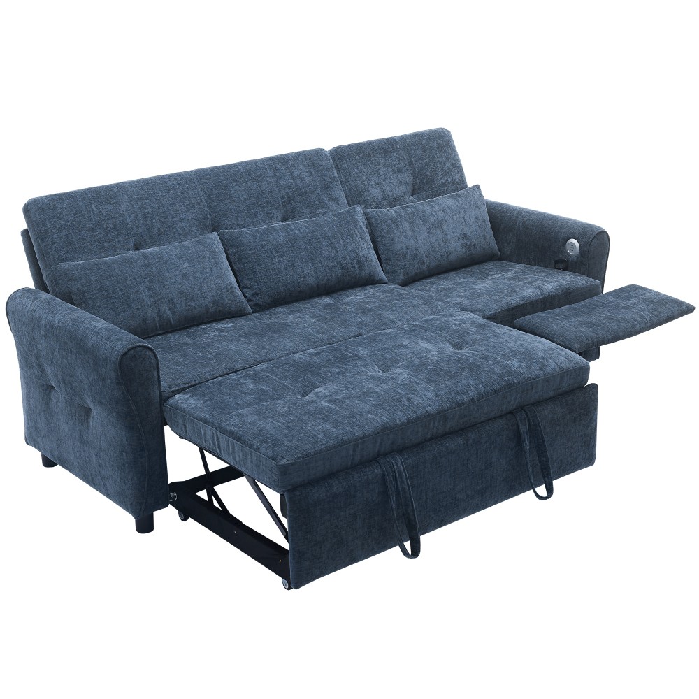 82" Blue Chenille Sofa Bed w/ Reversible Recliner, Adjustable Backrest, USB