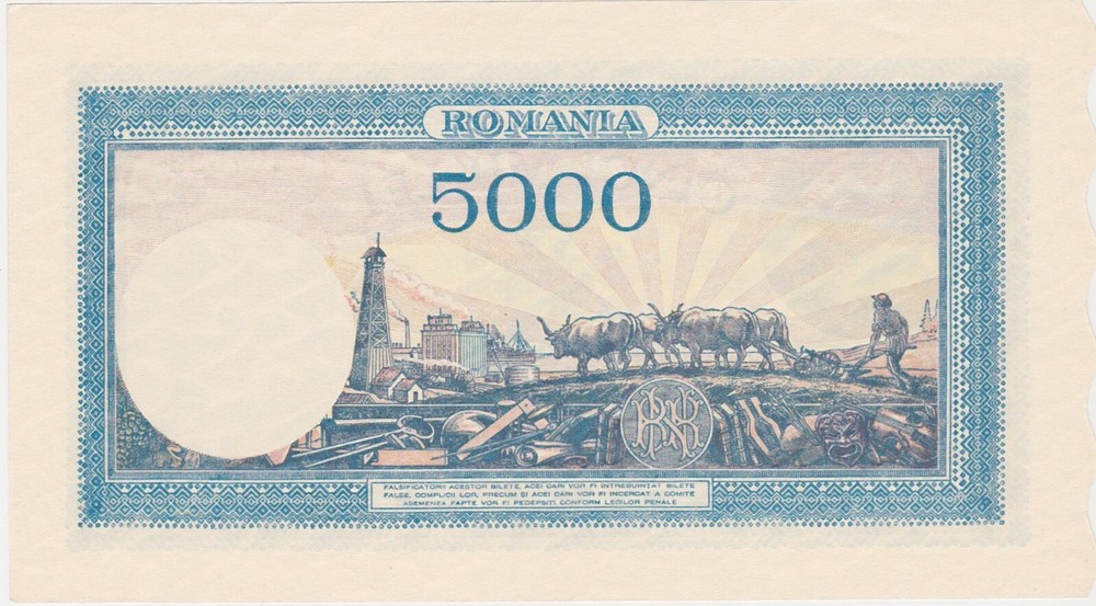 ROMANIA 5000 Lei December Decembrie 1945 aUNC+