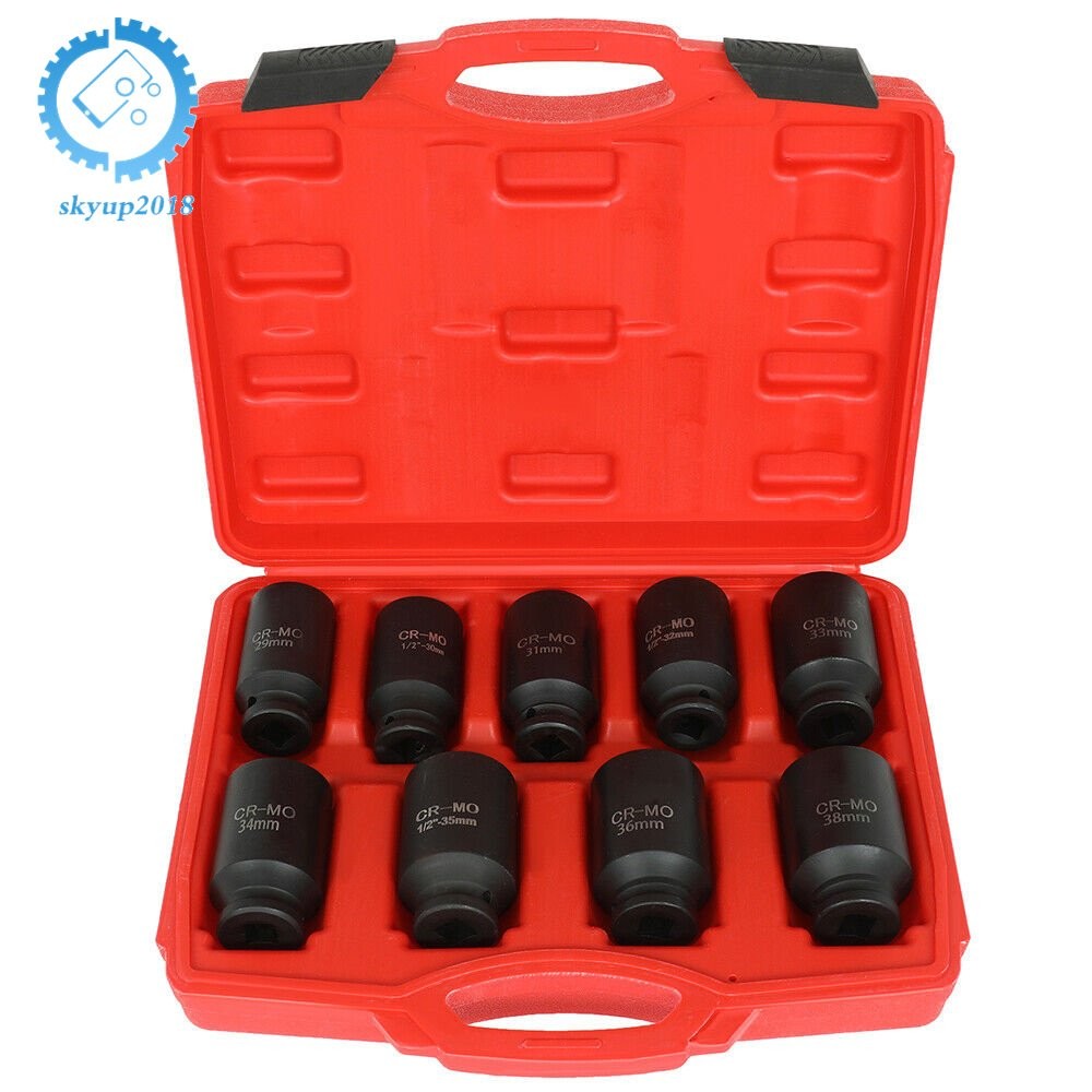 9pcs 29-38mm 1/2" Drive Metric Axle Hub Nut Socket Deep Impact Socket Tool Kit