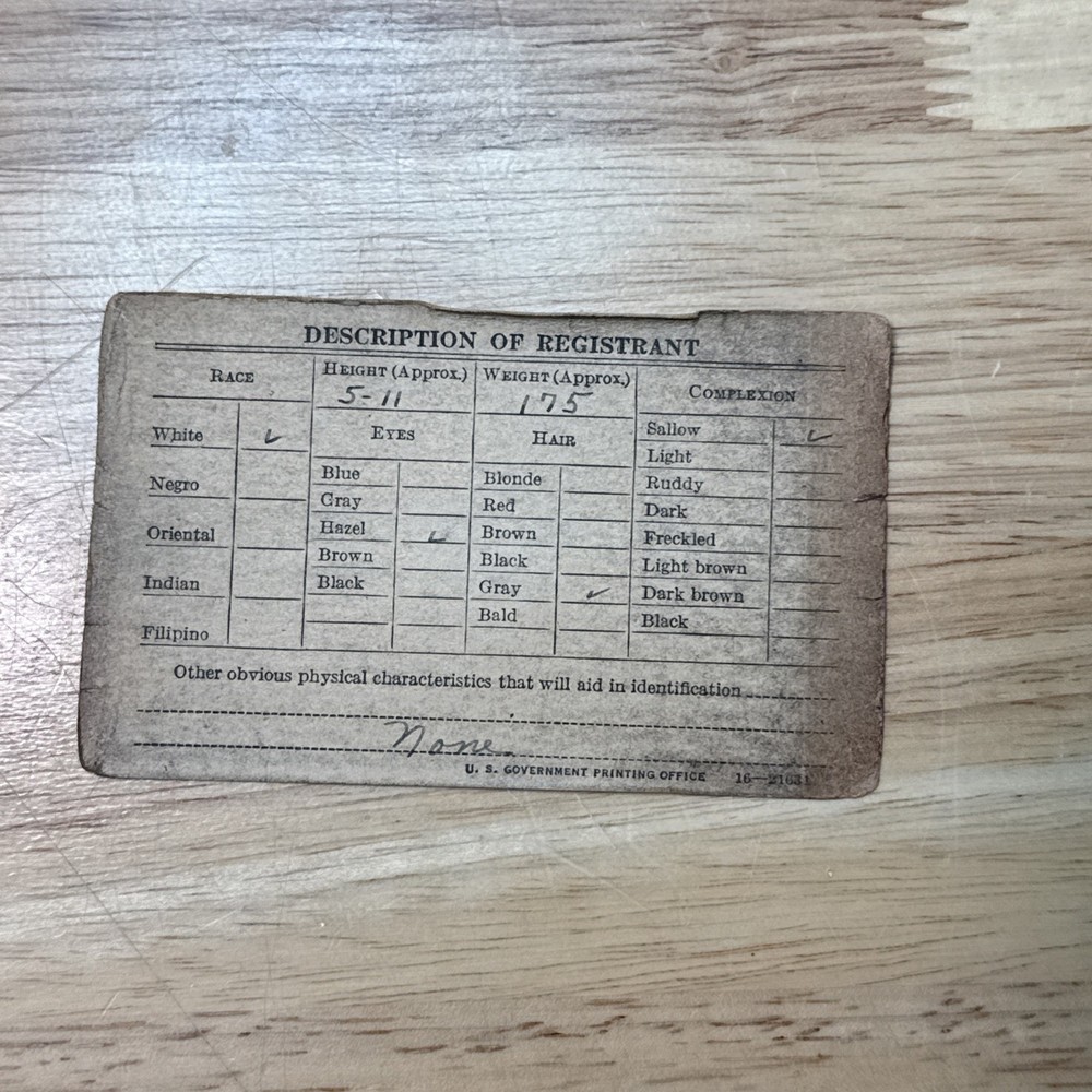 WWII Selective Service Registration Certificate Draft Card 1942 Chicago
