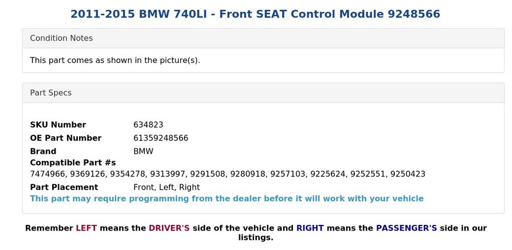 2011-2015 BMW 740LI - Front SEAT Control Module 9248566