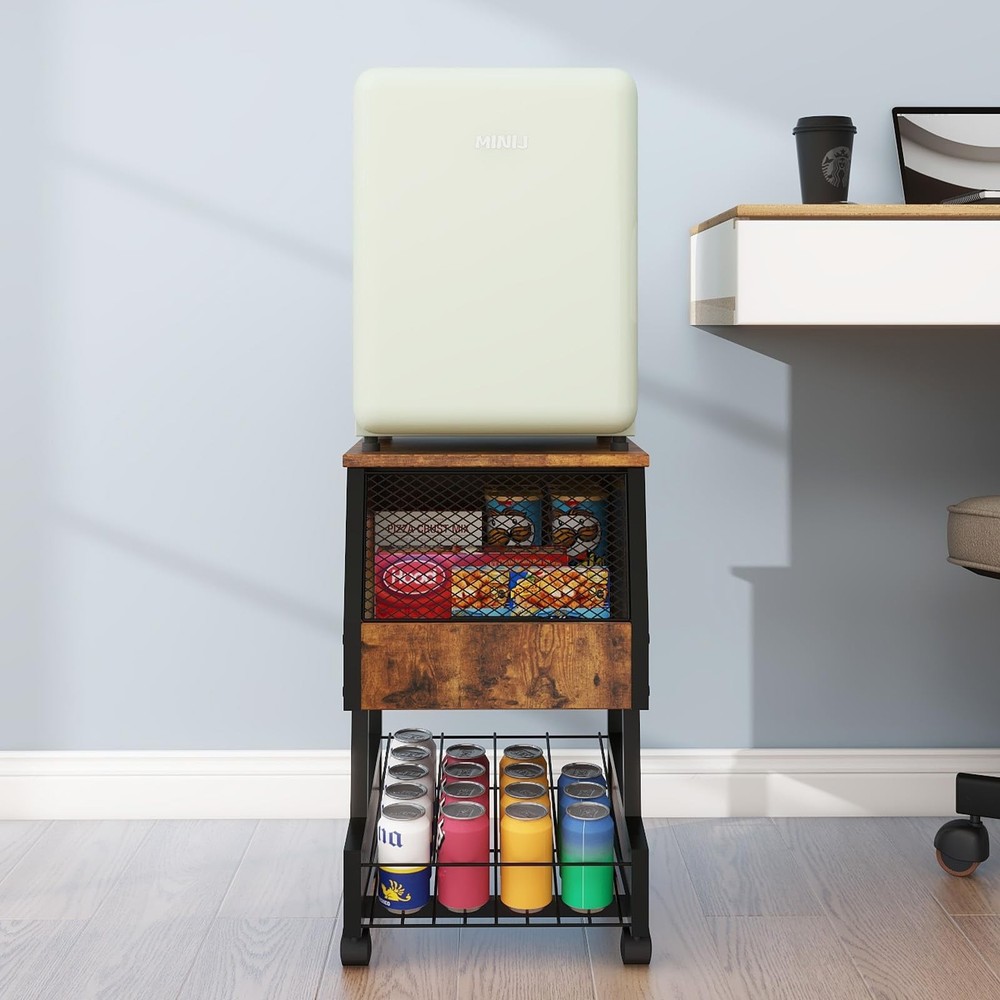 Compact Refrigerator Stand with Beverage Storage and Wheels Rolling Personal ...