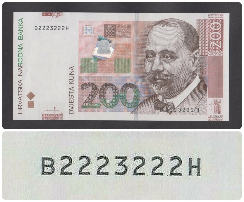 🔴CROATIA  200 Kuna 2012 UNC P42  Near solid RADAR and binary serial # 2223222🔴