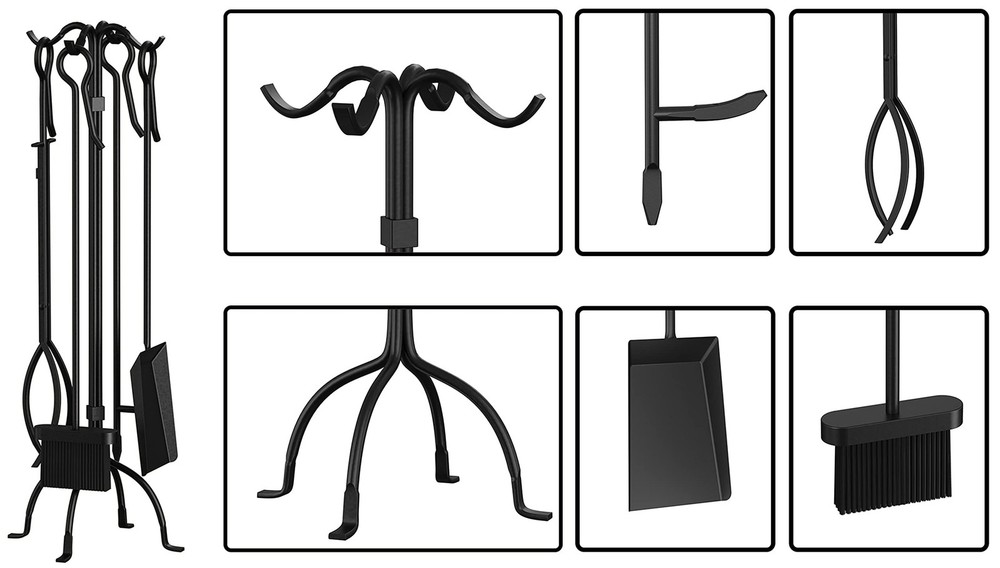 5-Piece Fireplace Tools Set, Heavy Duty Wrought Iron Fire Place Toolset, Black
