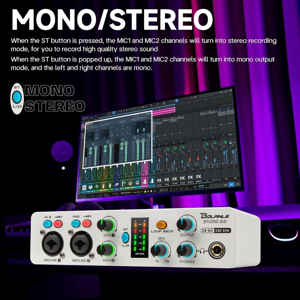 Bolanle Studio 2i2 Audio Interface 24-bit/192kHz, 2 Channel Portable USB