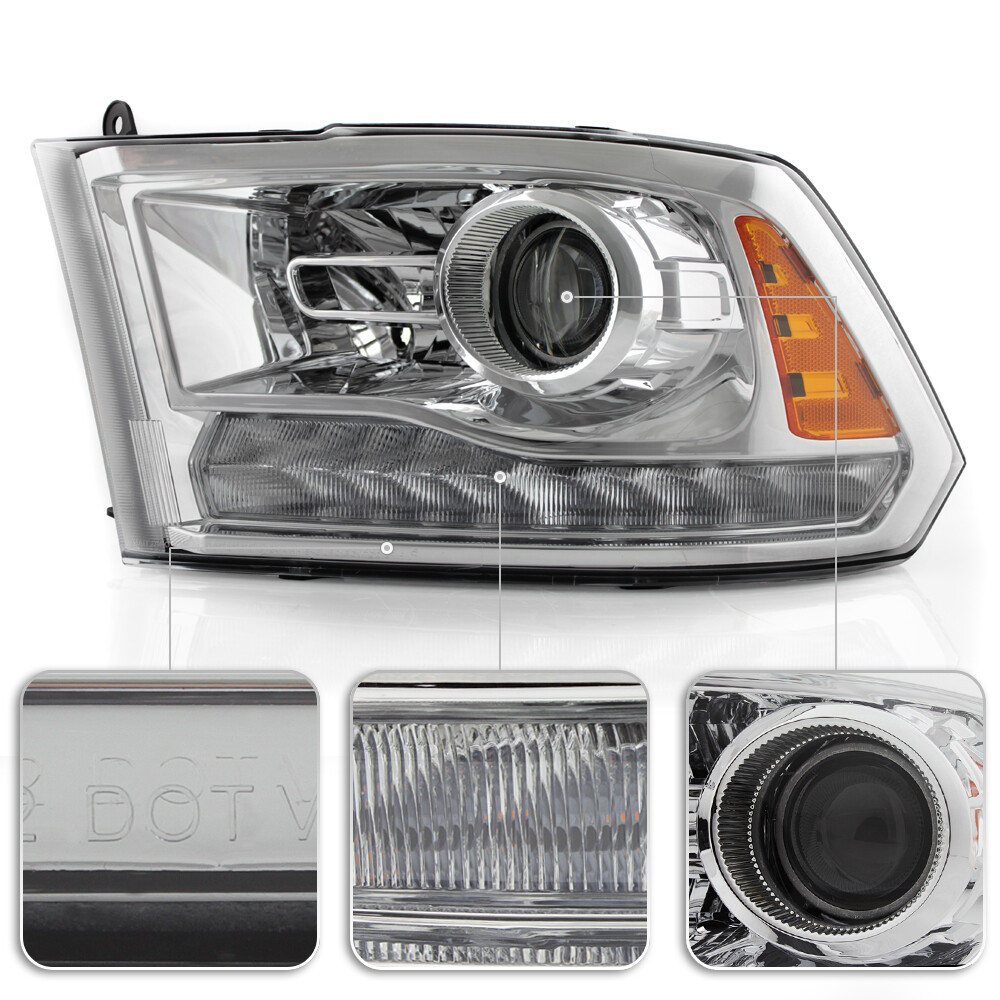 2013-2015 Ram 1500 2500 3500 w/Chrome Trim Projector Headlight Headlamp - Driver