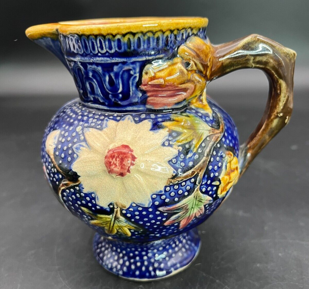 Majolica Cobalt Dragon Handle Flower Pitcher