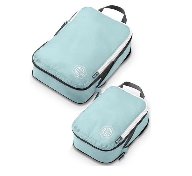 Tripped Compression Packing Cubes 2 Piece Set for Carryon Suitcase Teal & White