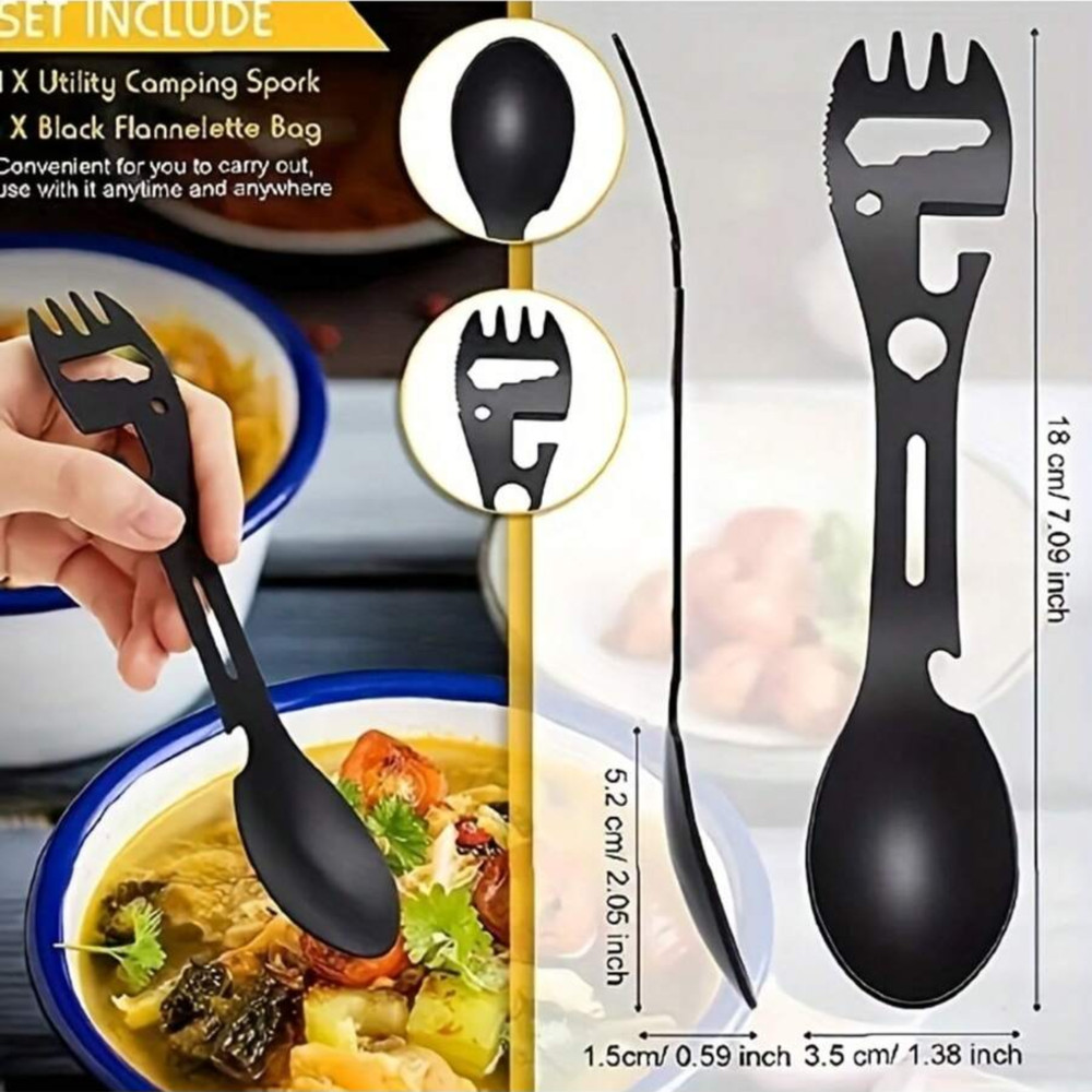1 Pc Utility Multifunctional Outdoor 10-in-1 Fork Spoon Tableware Pouch & Hooks