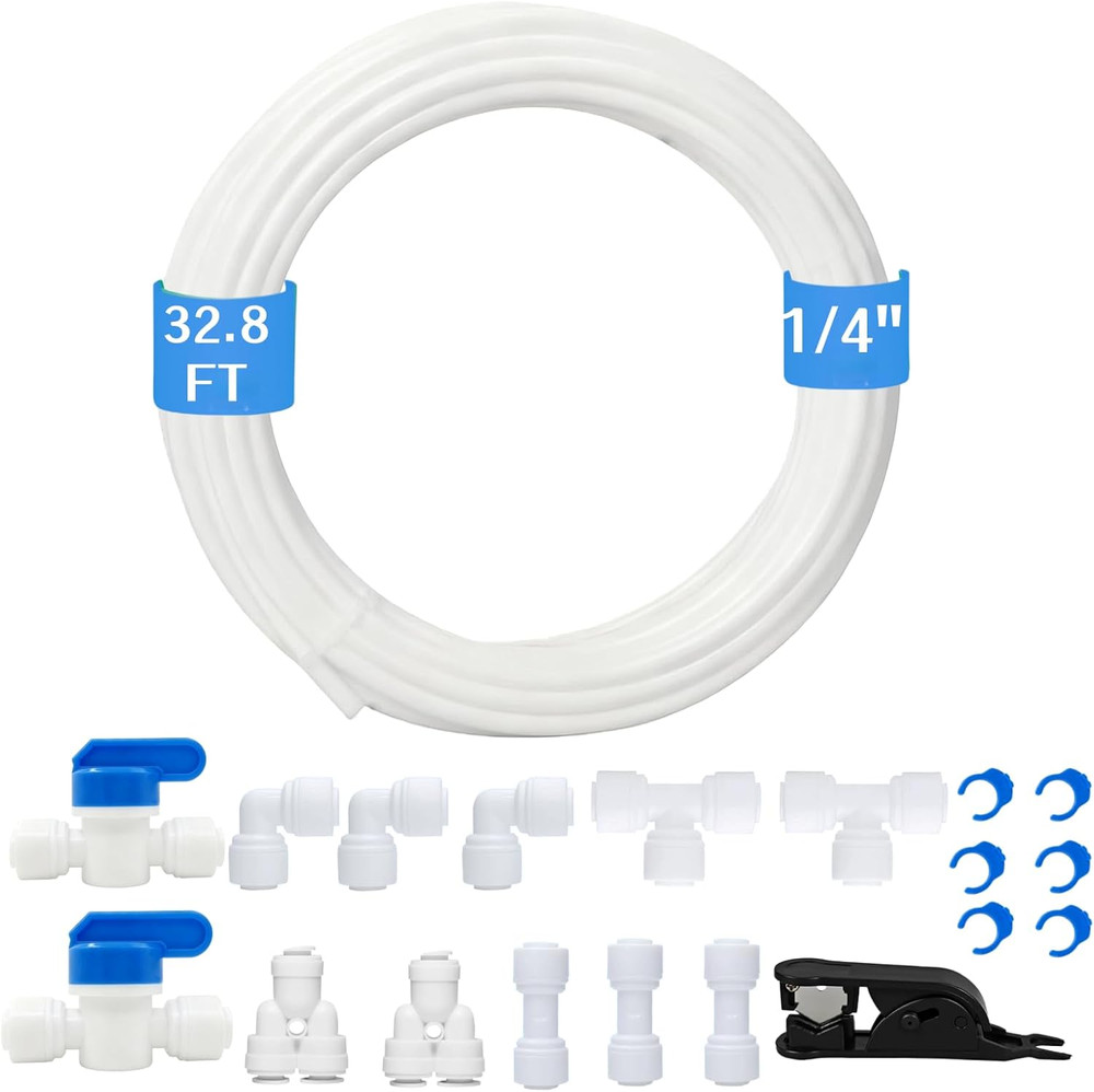 Water Line Kit, 1/4” O.D. Water Tubing 32.8FT for R.O. System and Ice Maker w...
