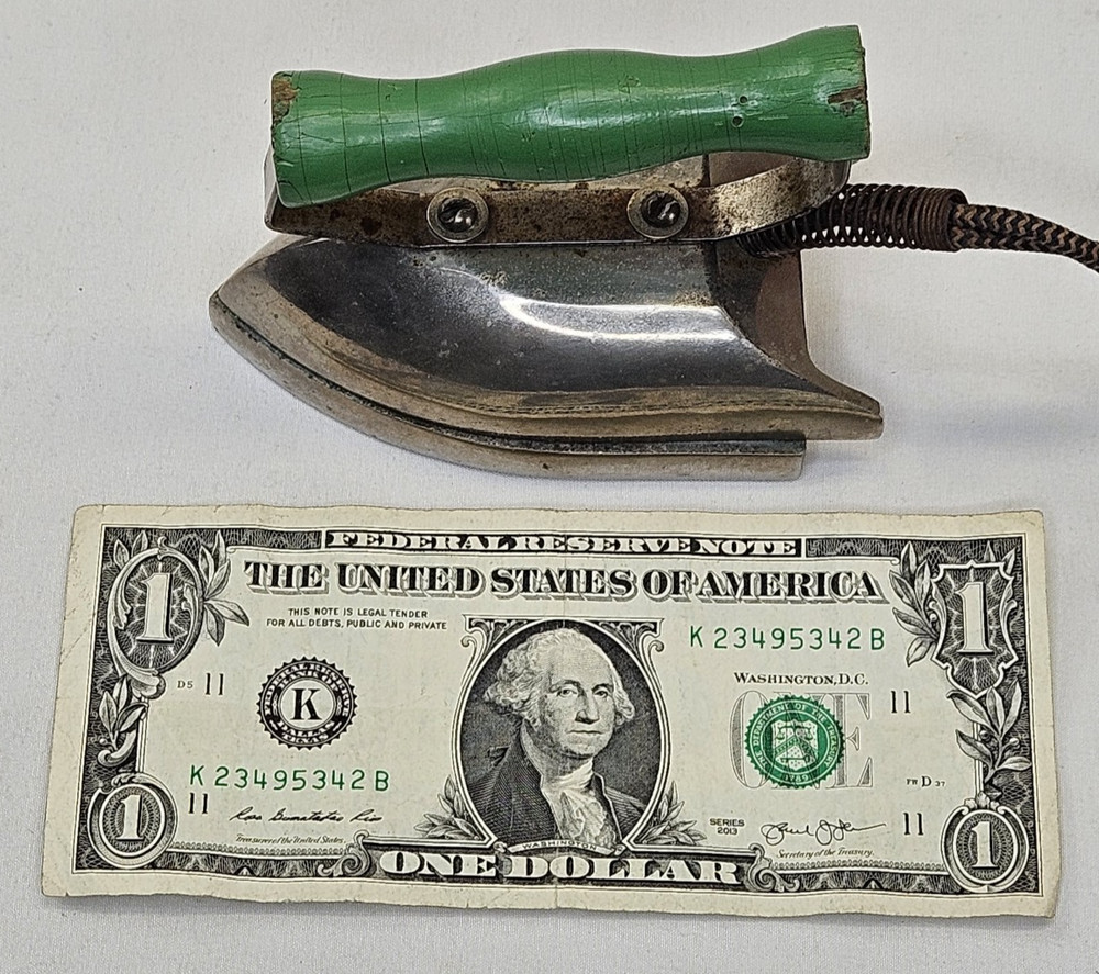 Antique Vintage Mini Travel Iron Green Handle