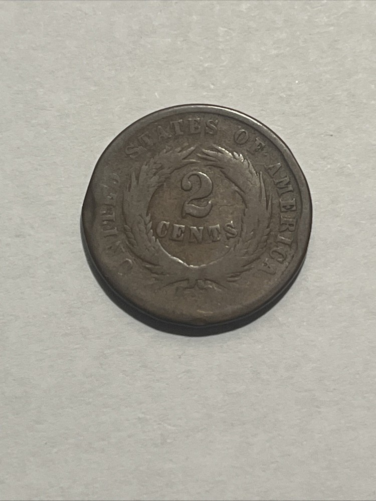 1865 Two Cent Piece, US 2c Copper Type Coin, Rim Ding, Damaged