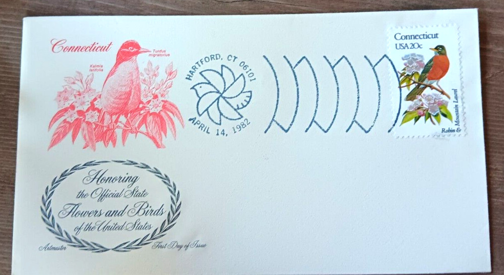 CONNECTICUT STATE BIRD & FLOWER 1982 ROBIN &LAUREL ARTMASTER CACHET FDC STATE CA