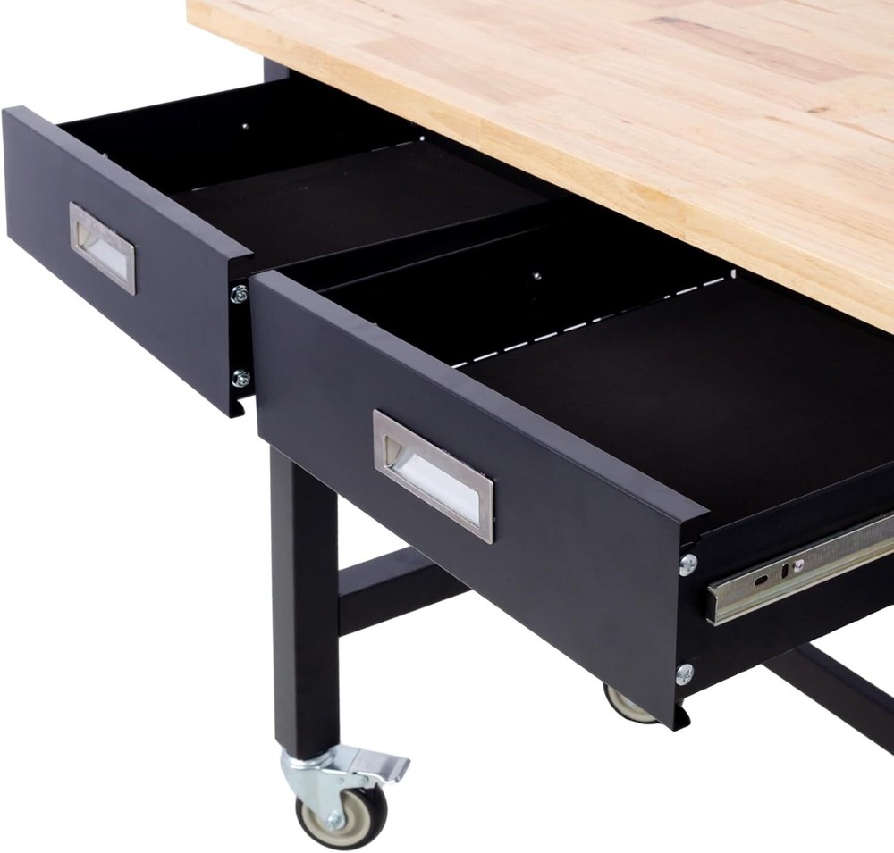 48" Rolling Work Bench, Workbench with Drawers Storage, Heavy Duty Bamboo Wood