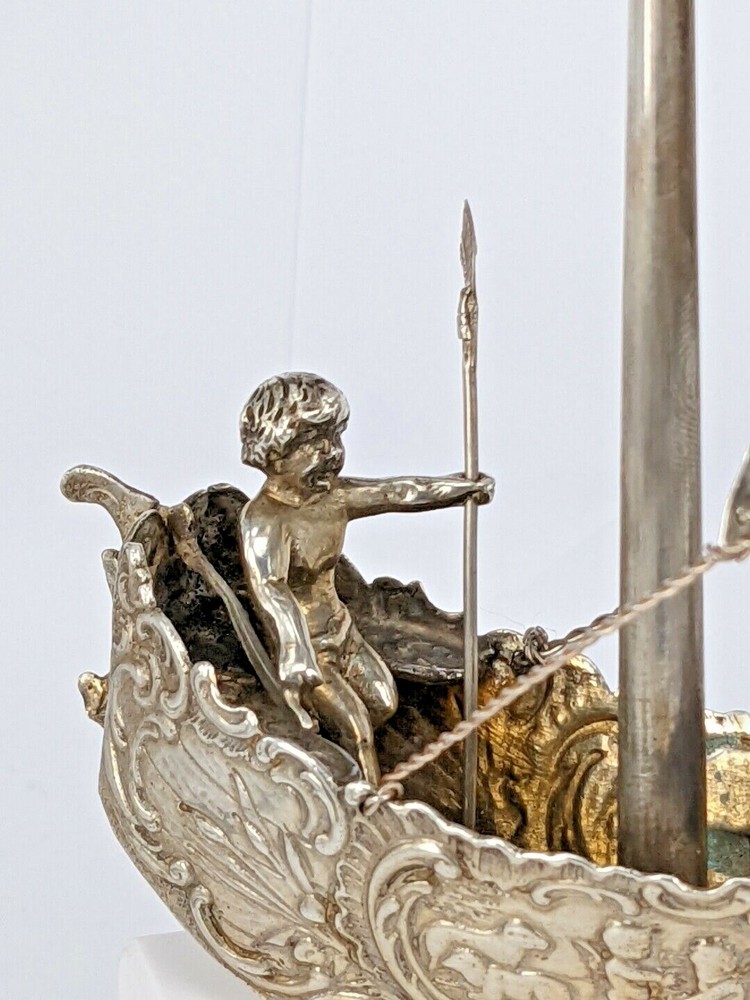 Miniature Hanau solid silver cherub sail boat Circa 1900