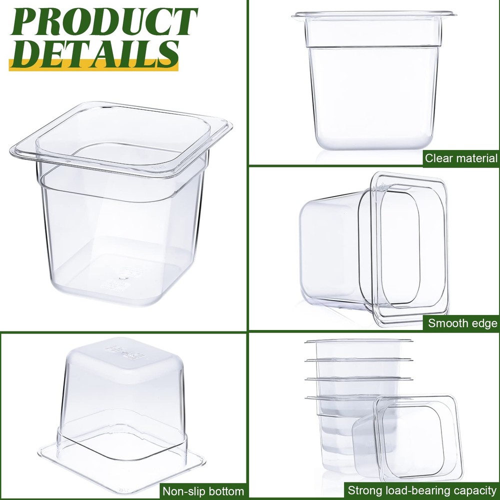 Yinder 12 Pcs Plastic Clear Food Pans 1/6 Size Stackable 4'' Deep,