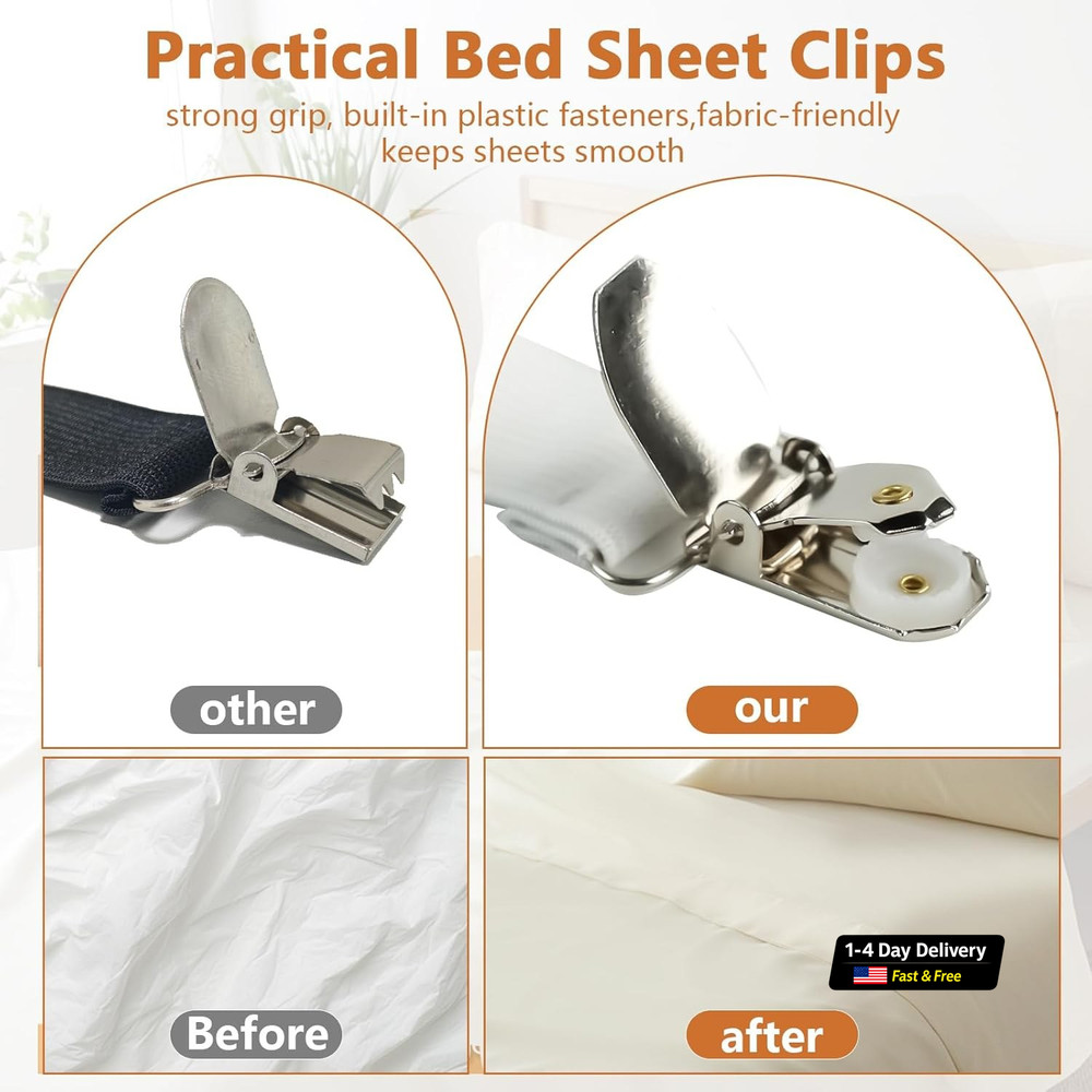 4PCS Bed Sheet Straps with Metal Clips, Adjustable Elastic Fitted Sheet Holders