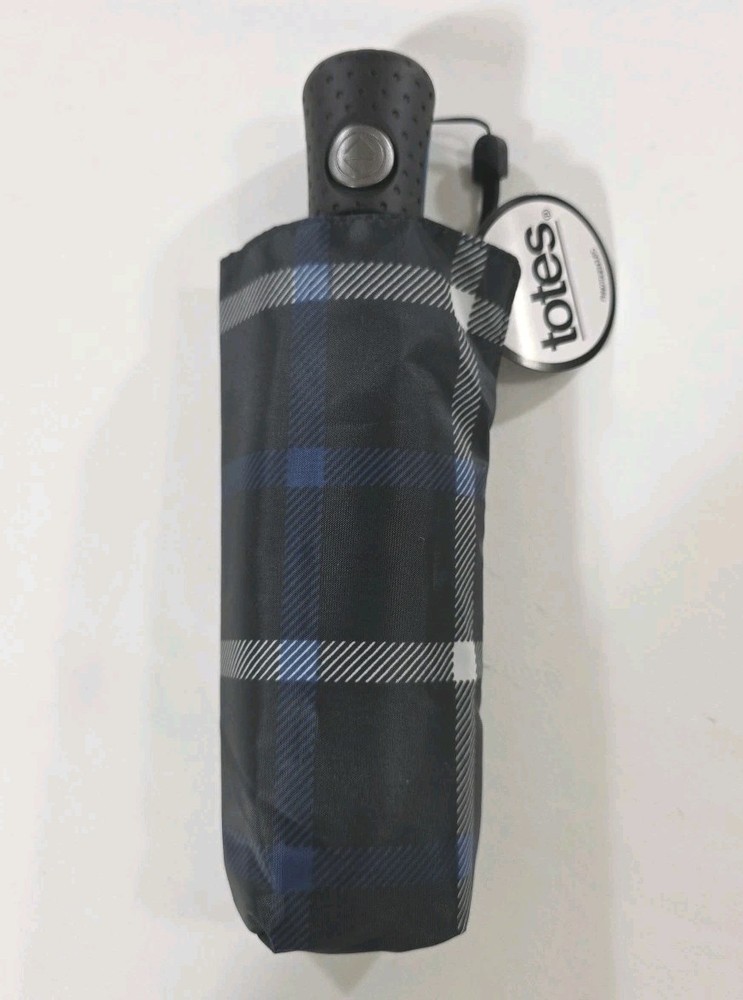 Totes Umbrella Travel Compact 44" Coverage Blue Plaid NWT