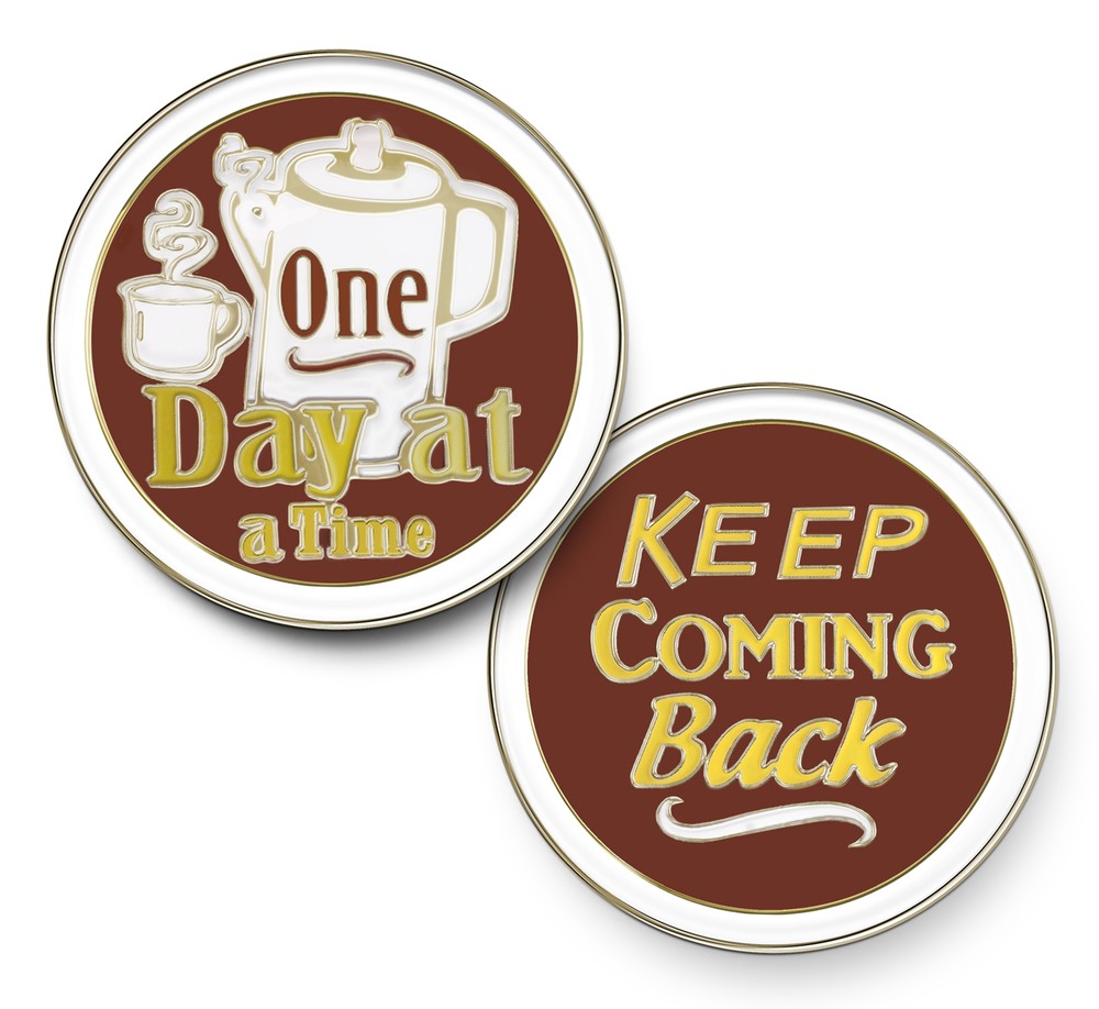 ONE DAY AT A TIME COFFEE POT 12 Step Recovery Program Enameled Medallion