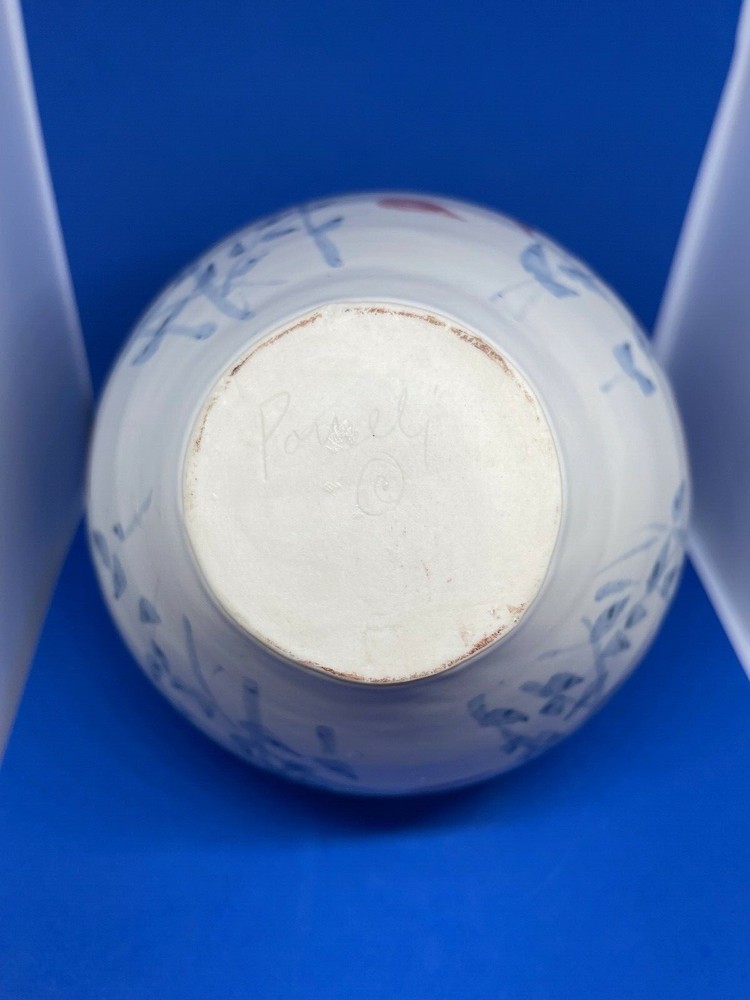 VINTAGE HANDMADE BLUE AND RED ACCENTED POTTERY