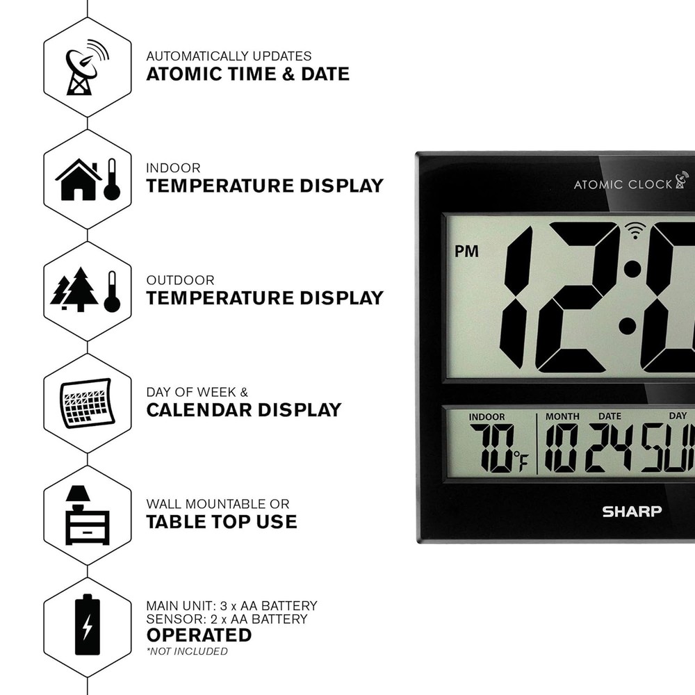 Sharp Atomic Clock – Never Needs Setting, Jumbo 3” Easy-Read Display, Indoor & O