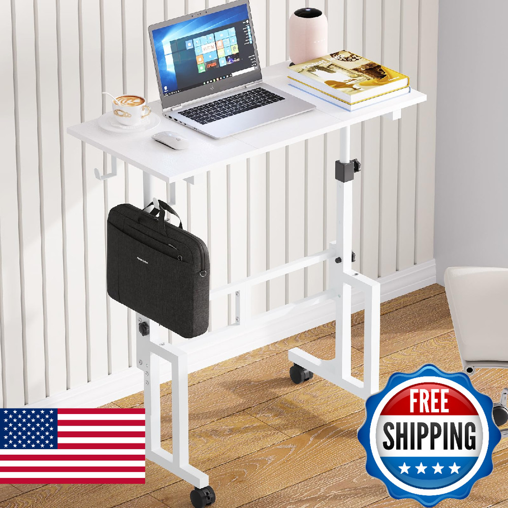 Small Adjustable Height Standing Desk With 2 Hooks, Rolling Sit Stand Up Desk Wi