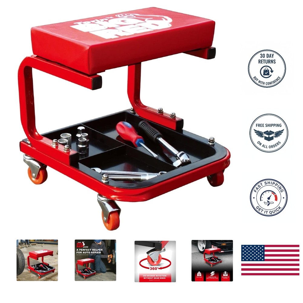 Comfortable Red Rolling Garage Stool: 250 lbs Capacity with Tool Storage Tray