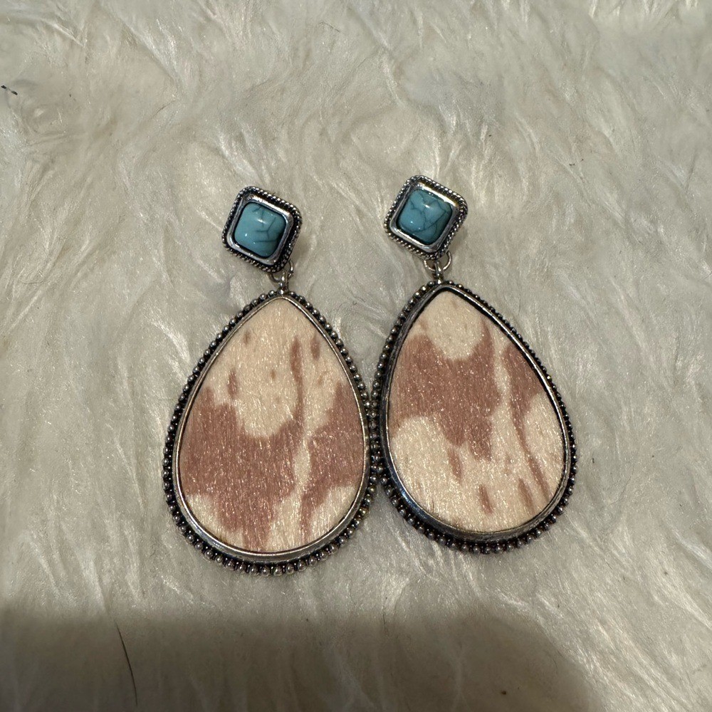 Cowhide Fur Pattern and Turquoise Teardrop and Square Earrings