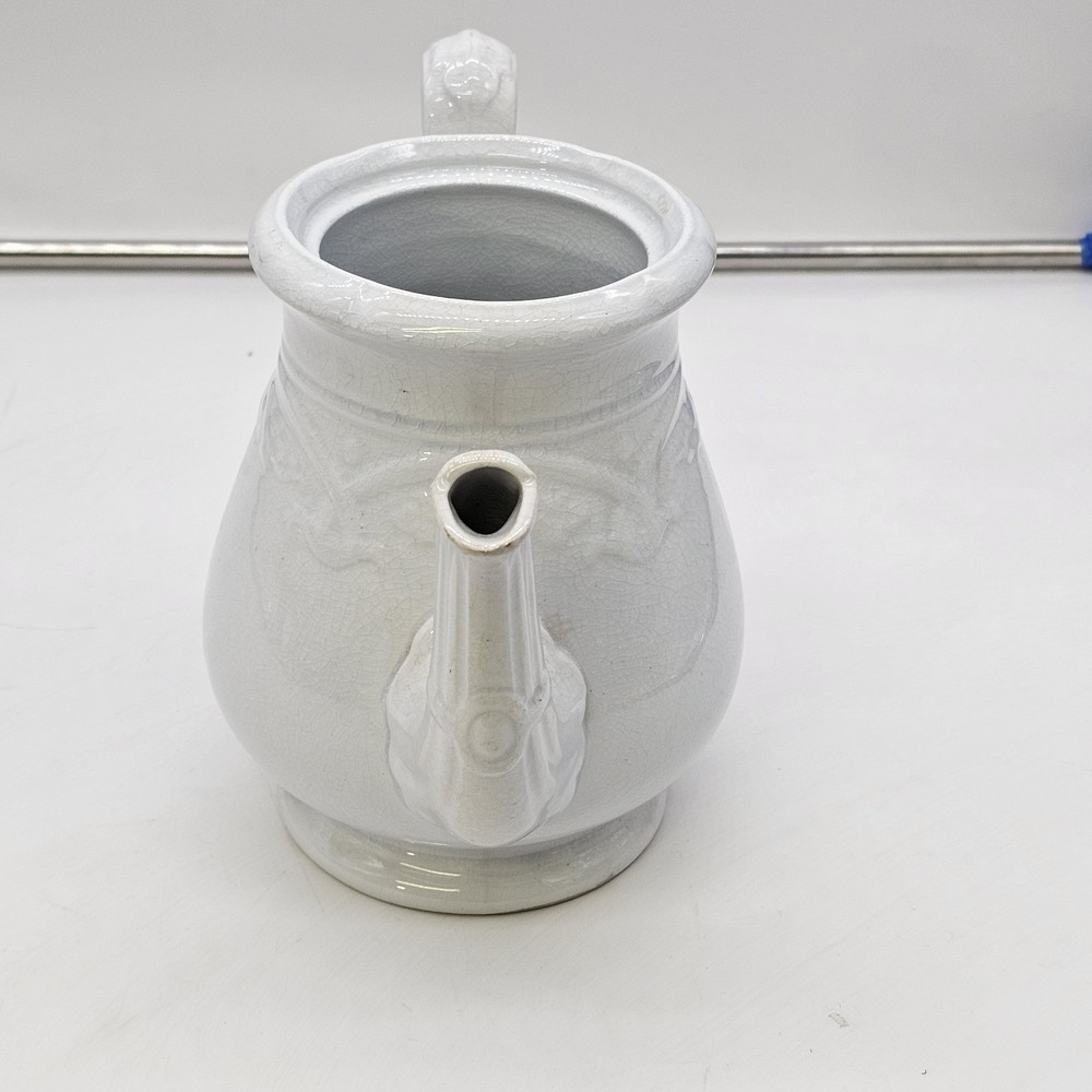 Early White Ironstone Teapot Molded Vine Like Scroll Relief Pattern