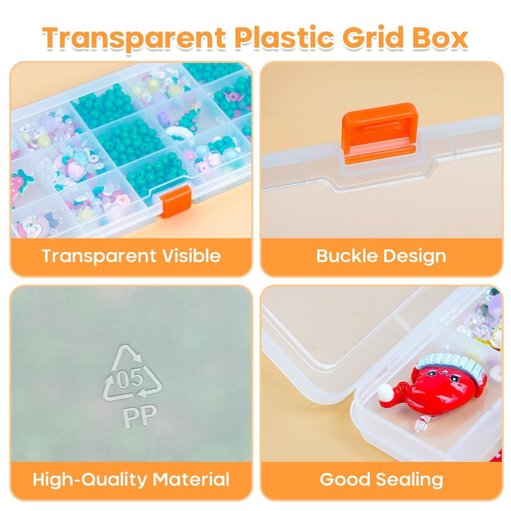 2PACK Extra Thick Bead Organizers, 15 Grid Mini Clear Plastic Storage Box Cra...