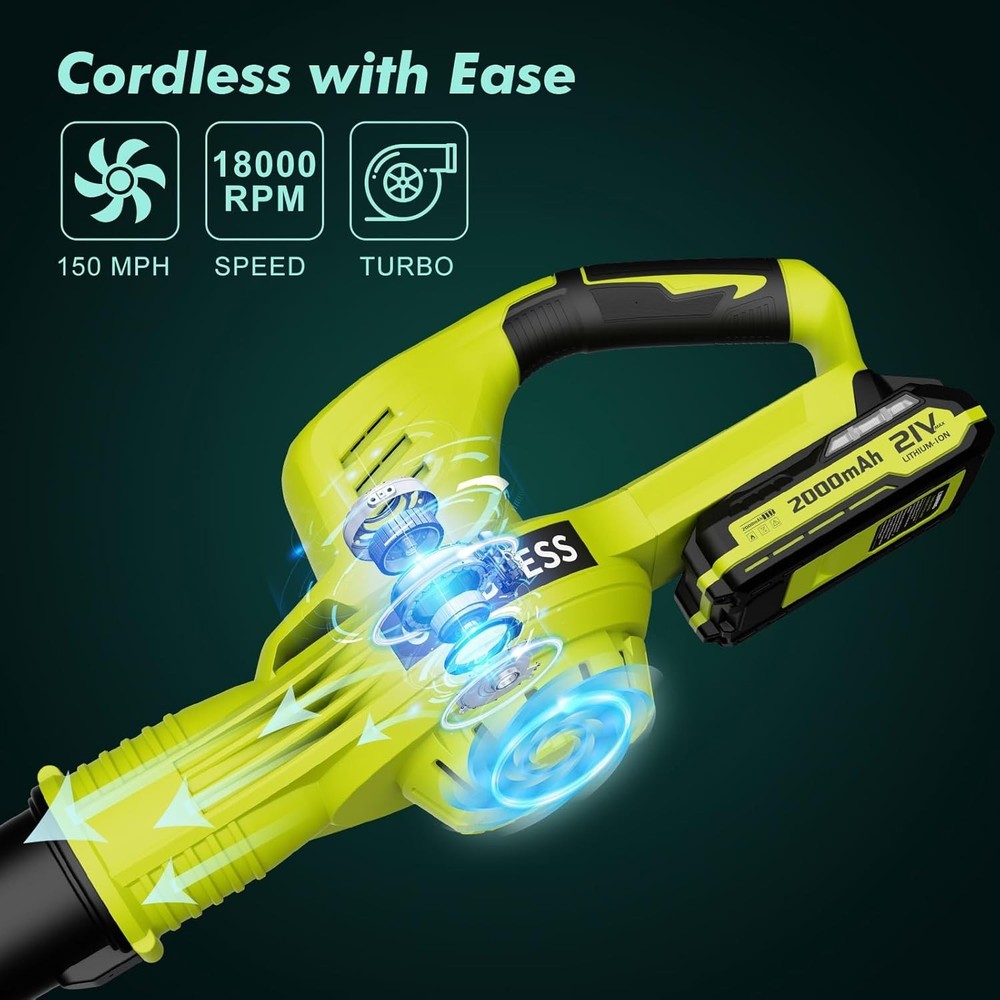 21V Cordless Leaf Blower - Powerful, Lightweight with 2 Batteries & Turbo Mode