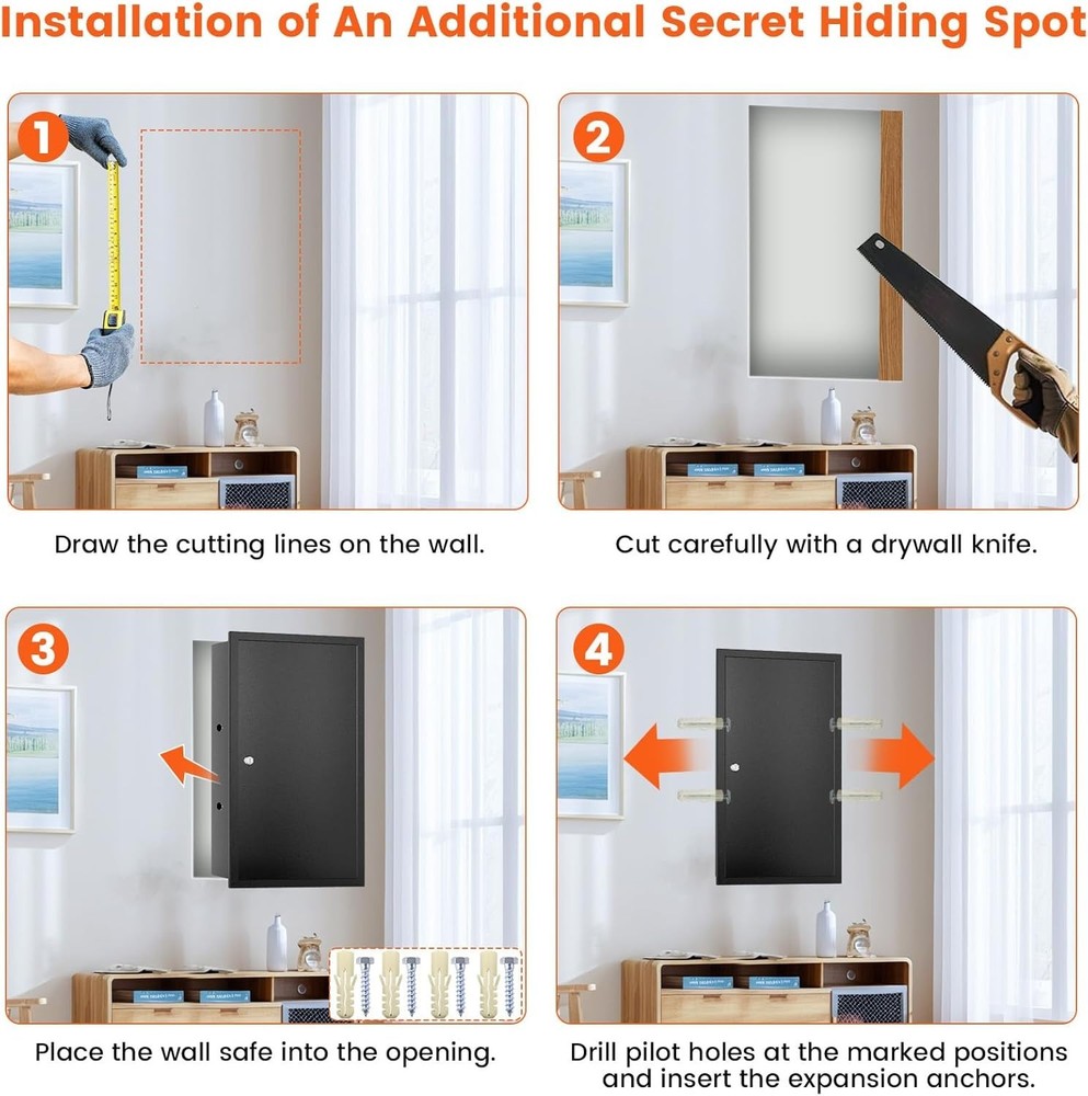 22" In Wall Safe Between Studs Lockable w/ Shelf & Key Hooks Home Security Box