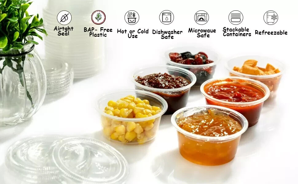 200 Sets - 2 Ounce Disposable Portiion Cups Plastic with Lids, Souffle Portion