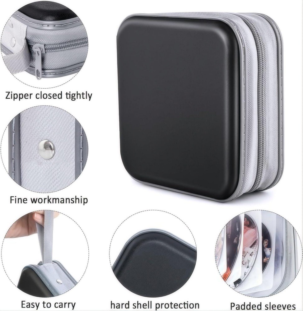 34 Disc CD/DVD Case Holders Wallet Hard Plastic Disc Cases Storage Binder Black