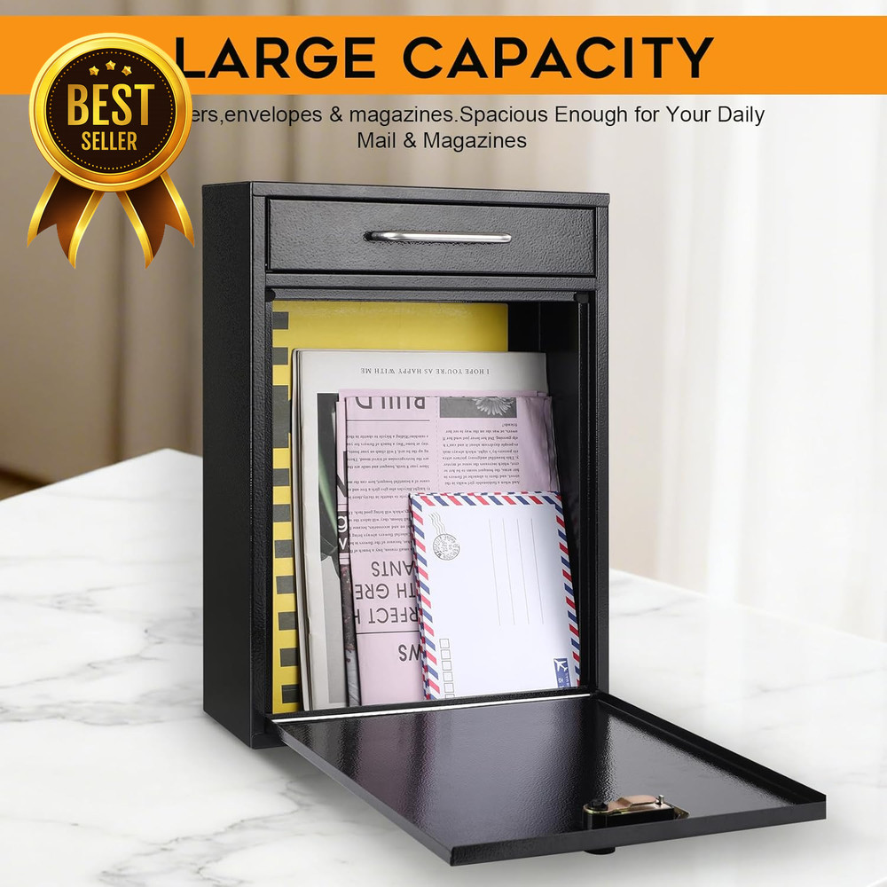 Wall Mount Locking Mailbox Combination Security Key Drop Box XL Black