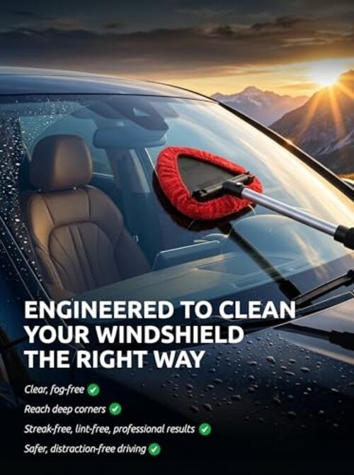 Windshield Window Cleaner Tool, Extendable Long-Reach Handle, Black & Red