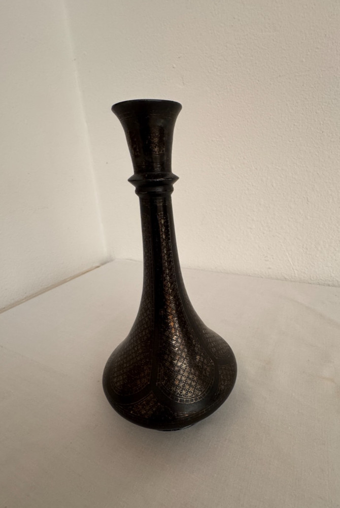 Bidriware Black Geometric Forms Etching Metal Vase 8" Made in India