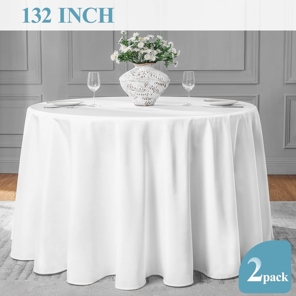 2 Pack 132inch Round Tablecloth Polyester Table Cloth，Stain Resistant and Wri...