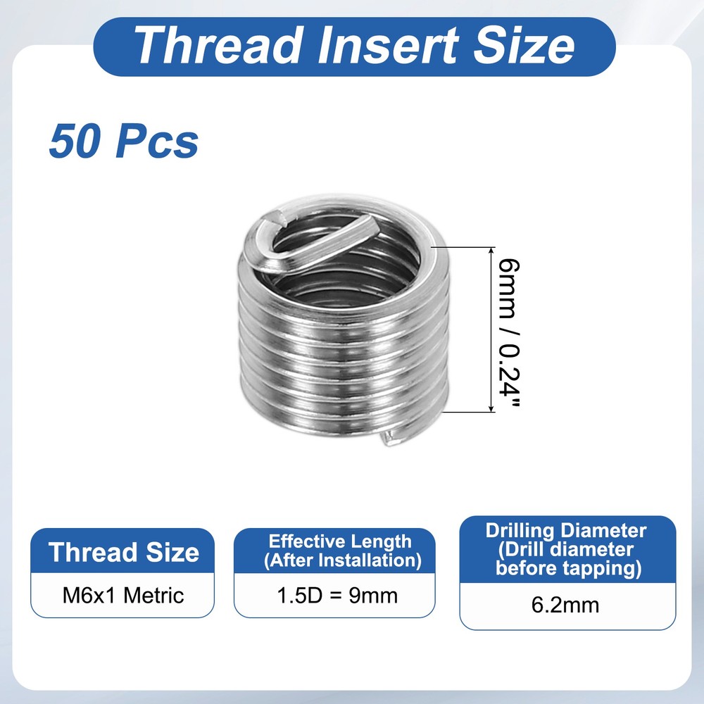 50pcs Wire Thread Inserts M6x1 Metric 1.5D 9mm Helical Threaded Sleeve