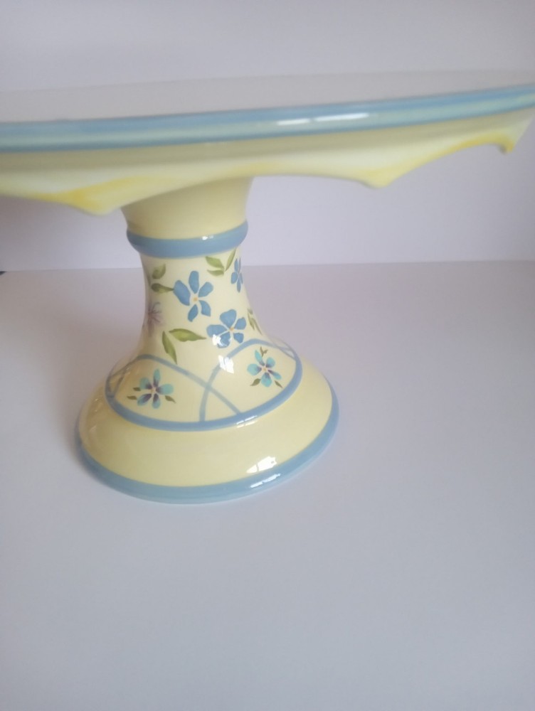 Capriware Hand Painted Ceramic Blue Yellow Floral Round Cake Stand