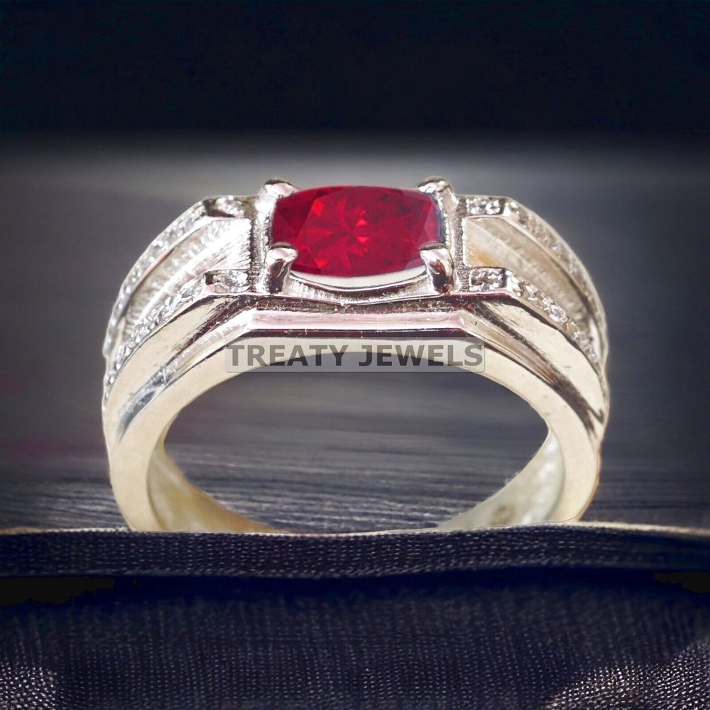 Ruby Oval Cut Gemstone With 14K Solid White Gold Ring For Men's #A531